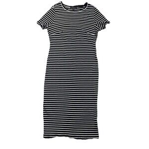 Eloquii 16 Black White Striped Cotton Ribbed T-Shirt Midi Dress Stretch